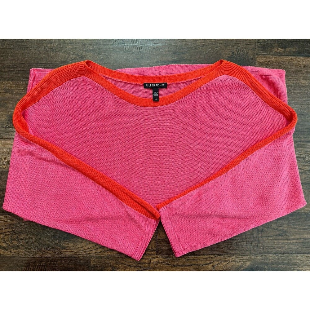 Eileen Fisher Organic Linen Tunic Sweater Pink Coral Trim Womens Large